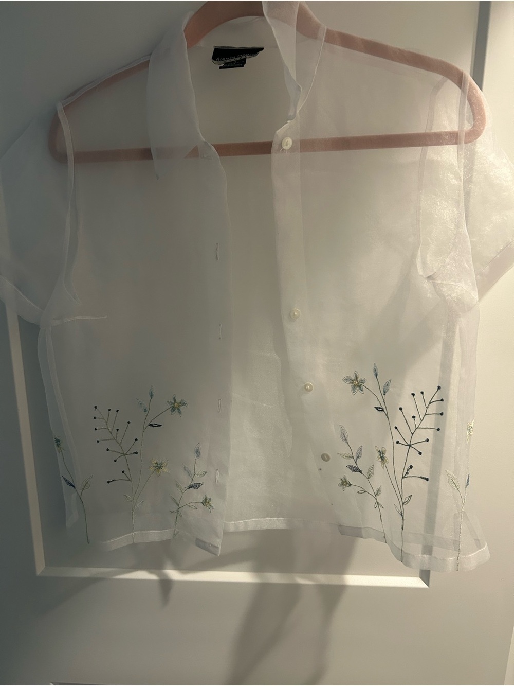 Sheer Embroidered Floral Button-Up Top - White